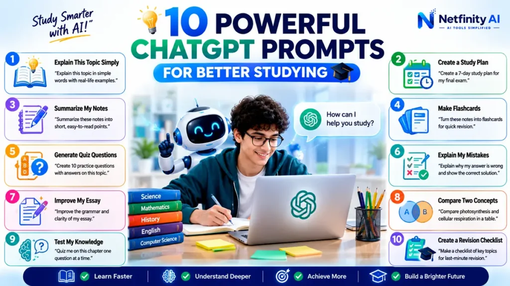 Infographic showing ten powerful ChatGPT prompts students can use for studying, revision, quizzes, essay improvement, note summaries, and exam preparation.