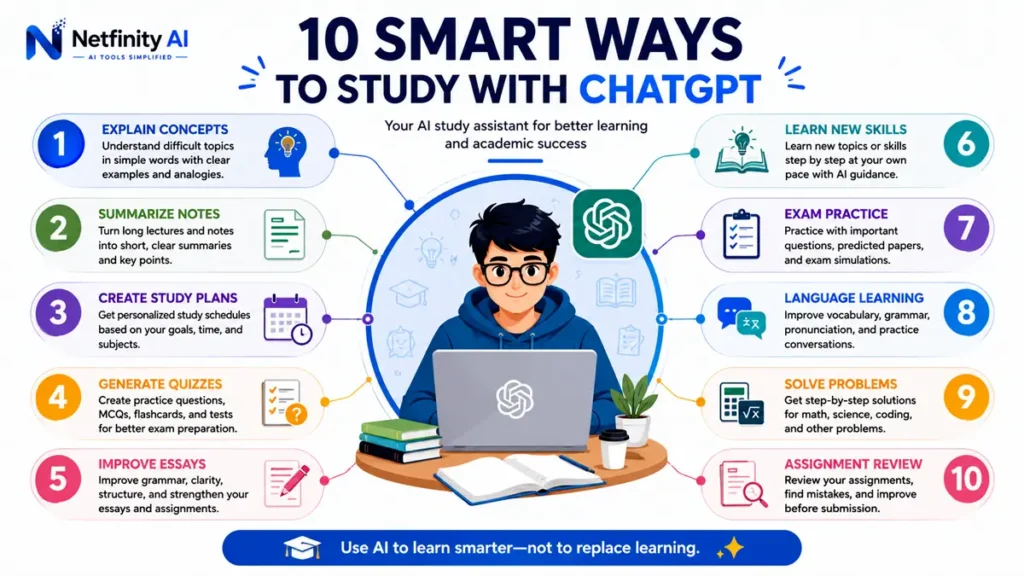 Infographic showing ten practical ways students can use ChatGPT for studying, note summaries, exam preparation, essay writing, language learning, quizzes, and assignment review.