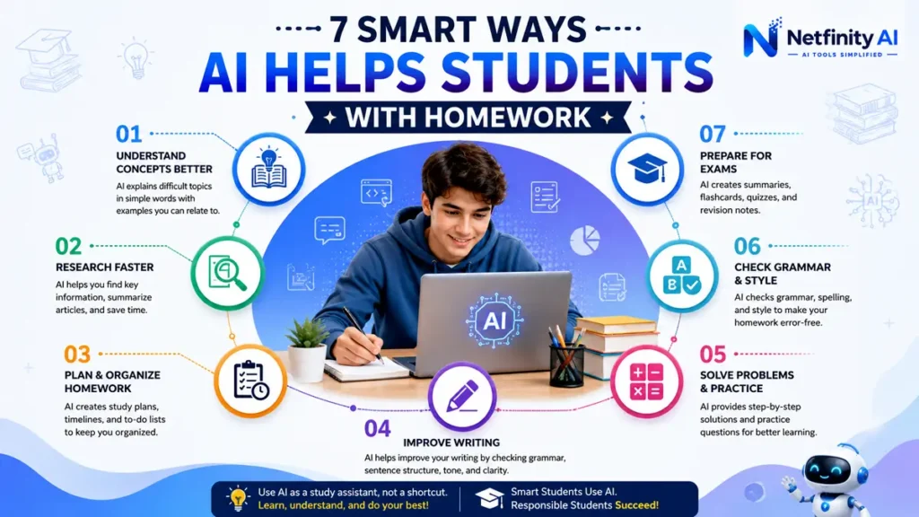 Infographic showing seven practical ways students can use AI for homework, research, essay writing, grammar checking, study planning, and exam preparation.