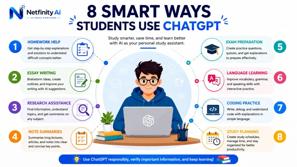 Infographic showing eight smart ways students use ChatGPT for homework, essay writing, research, note summaries, exam preparation, language learning, coding practice, and study planning.