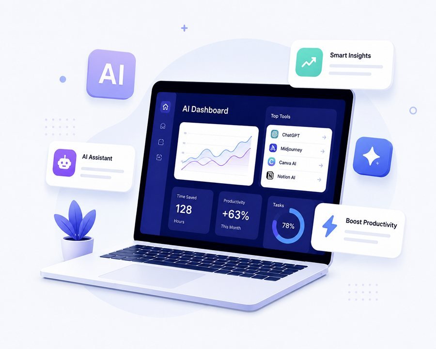 Modern AI dashboard illustration with productivity analytics, AI assistant cards, and business automation interface representing AI tools for smarter work and business growth.