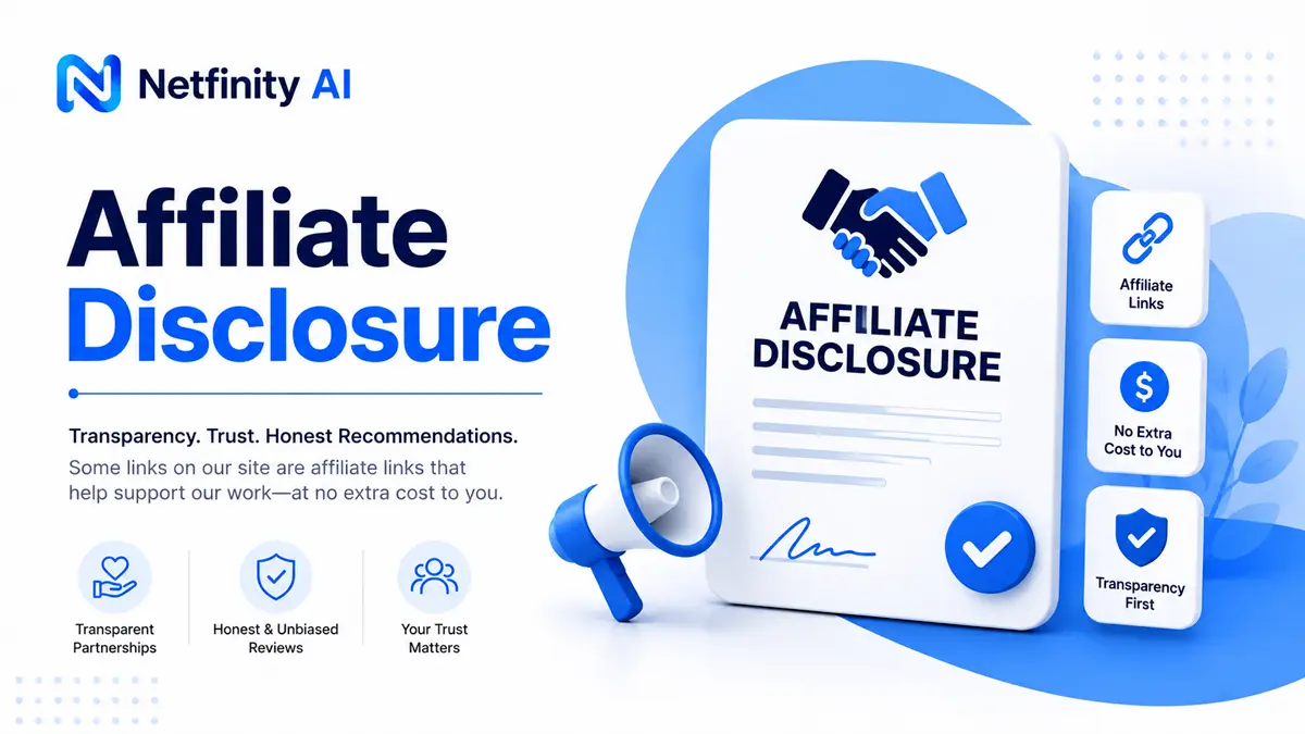 Affiliate Disclosure illustration representing transparent recommendations, affiliate partnerships, and honest AI tool reviews by Netfinity AI.
