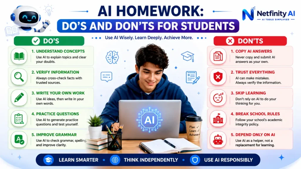 Infographic showing the best practices and common mistakes students should follow when using AI for homework responsibly and ethically.