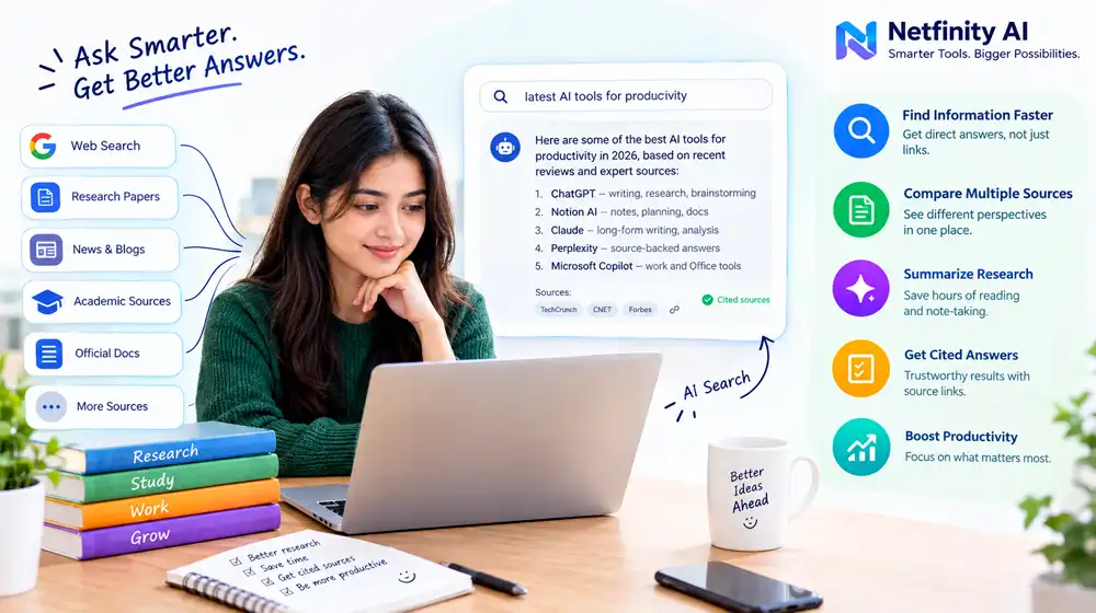 AI search tools for research showing source-backed answers, multiple sources, and faster research