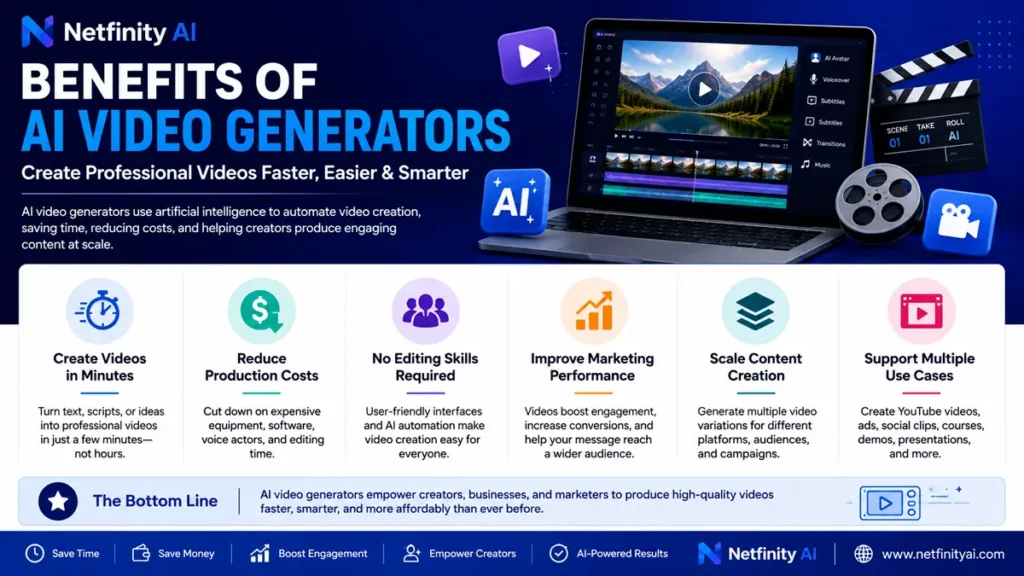 Infographic highlighting the key benefits of AI video generators, including faster video creation, lower production costs, beginner-friendly editing, improved marketing performance, scalable content creation, and support for multiple video formats.