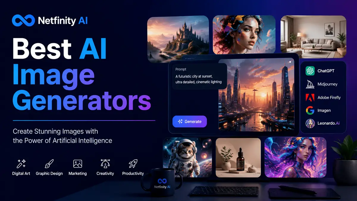 Modern illustration showcasing AI image generators for digital art, graphic design, marketing, content creation, branding, and creative projects.