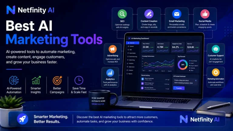 Modern illustration showcasing AI marketing tools for SEO, content creation, email marketing, social media management, advertising, analytics, and business growth.