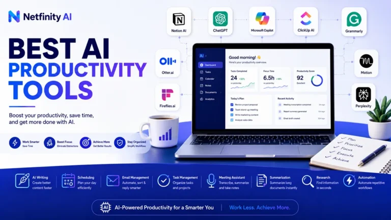 Professional illustration showcasing AI productivity tools for writing, meetings, task management, scheduling, research, note-taking, and workflow automation.