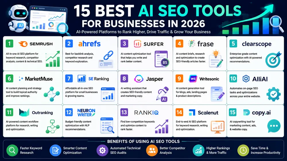 Infographic showing the best AI SEO tools for businesses by use case, including keyword research, content optimization, backlink analysis, blogging, agencies, enterprise SEO, and small businesses.