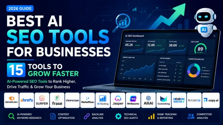Best AI SEO Tools for Businesses comparison featuring 15 AI-powered SEO platforms for keyword research, content optimization, technical SEO, and business growth in 2026.