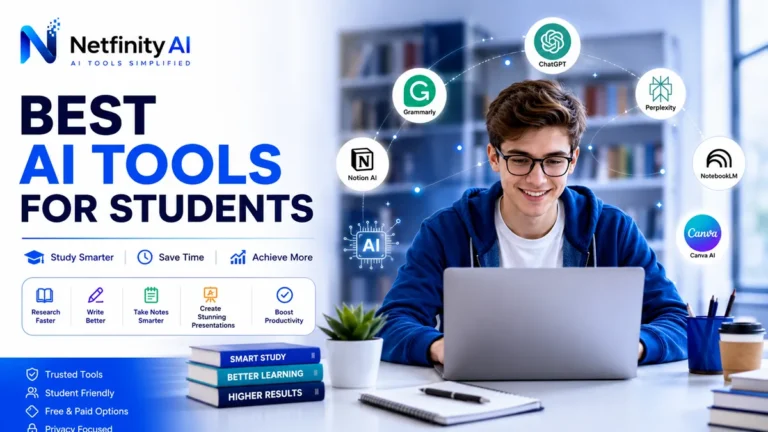 Student using AI tools for writing, studying, note-taking, research, presentations, and homework with modern AI productivity applications.
