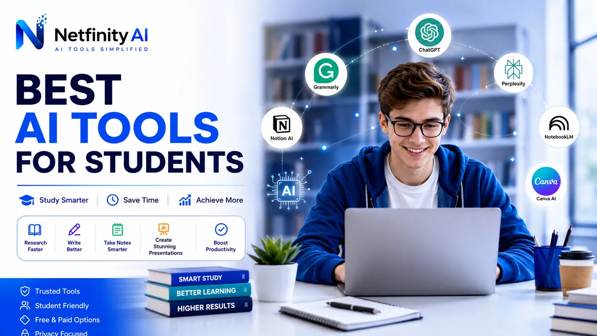 Student using AI tools for writing, studying, note-taking, research, presentations, and homework with modern AI productivity applications.