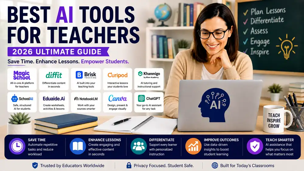 Best AI tools for teachers 2026 classroom guide showing AI teaching tools and key benefits