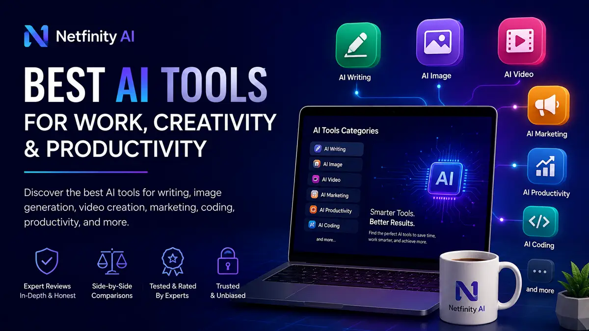 Modern illustration showcasing the best AI tools for writing, image generation, video creation, marketing, coding, and productivity on Netfinity AI.