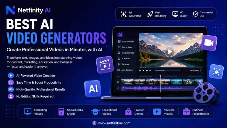 Modern illustration showcasing AI video generators for content creation, marketing, education, social media, and business.
