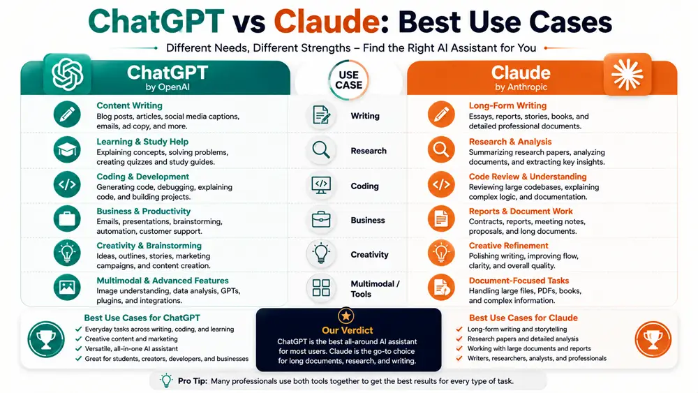 Best use cases comparison showing when to use ChatGPT and when to use Claude for students, businesses, developers, researchers, and content creators