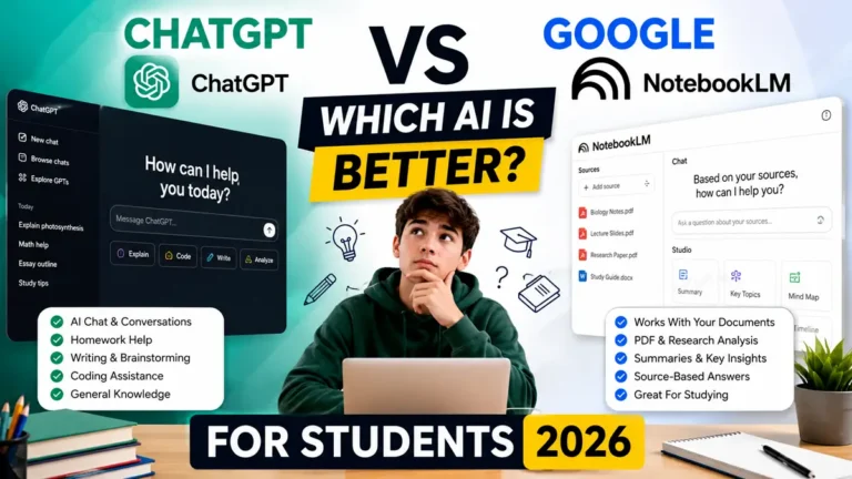 ChatGPT vs Google NotebookLM for students comparison showing the best AI tool for studying, homework, note-taking, and research