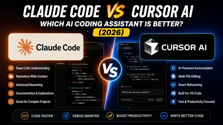 Claude Code vs Cursor AI comparison showing features, coding performance, pricing, pros and cons, and the best AI coding assistant in 2026.