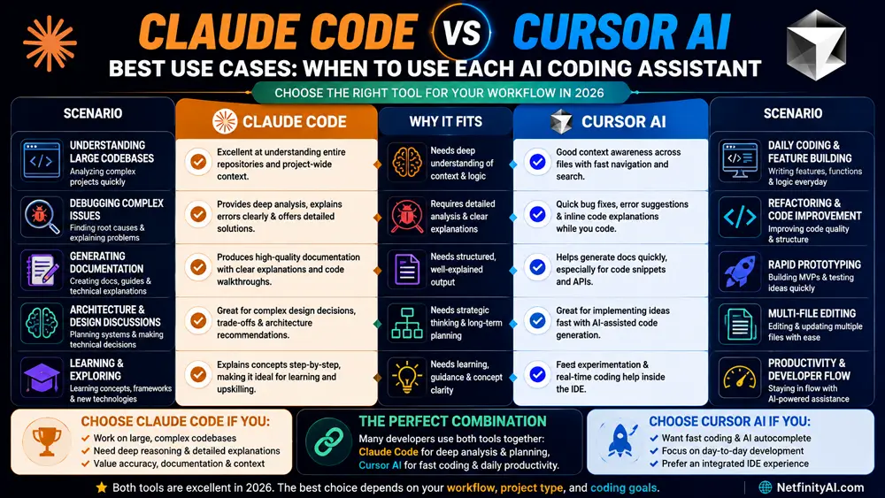 Best use cases infographic comparing Claude Code and Cursor AI for enterprise projects, debugging, documentation, daily coding, refactoring, and software development workflows.