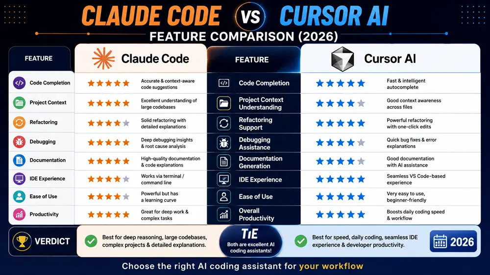 Feature comparison infographic for Claude Code vs Cursor AI covering code completion, debugging, IDE integration, project context, documentation, and pricing.
