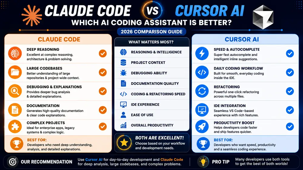 Infographic comparing Claude Code vs Cursor AI to help developers choose the best AI coding assistant based on workflow, performance, pricing, and productivity.