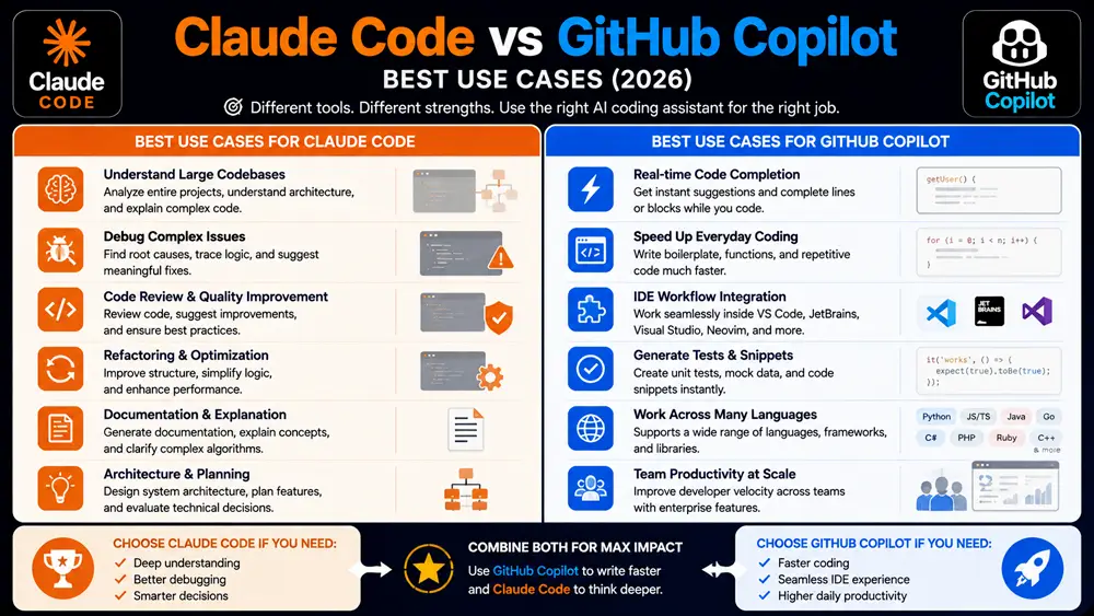 Claude Code vs GitHub Copilot best use cases infographic