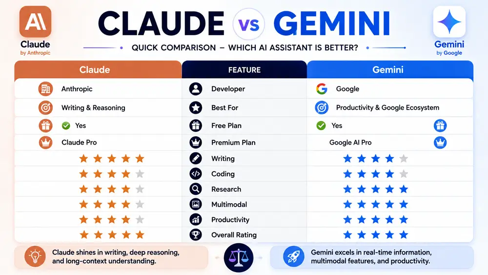 Claude vs Gemini feature comparison infographic