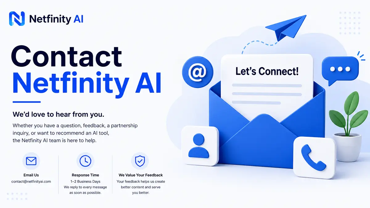 Modern contact page illustration for Netfinity AI featuring email communication, customer support, feedback, and partnership inquiries in a clean technology-themed design.