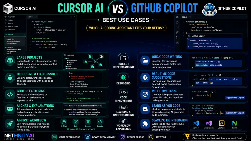 Best use cases comparison of Cursor AI vs GitHub Copilot showing which AI coding assistant is better for project understanding, debugging, code completion, learning, and professional software development in 2026.