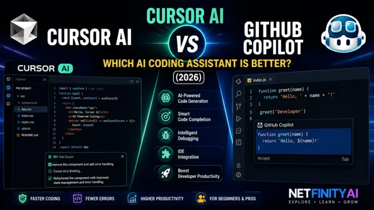 Cursor AI vs GitHub Copilot comparison showing the best AI coding assistant for developers in 2026 with features, performance, pricing, and coding capabilities.