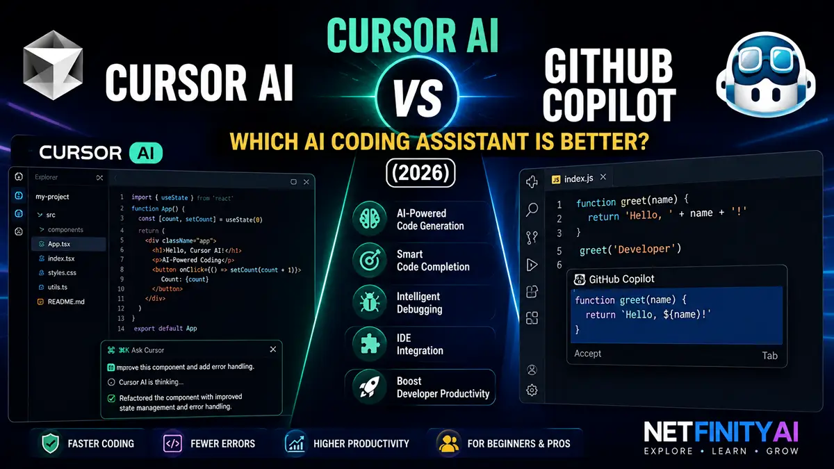 Cursor AI vs GitHub Copilot comparison showing the best AI coding assistant for developers in 2026 with features, performance, pricing, and coding capabilities.