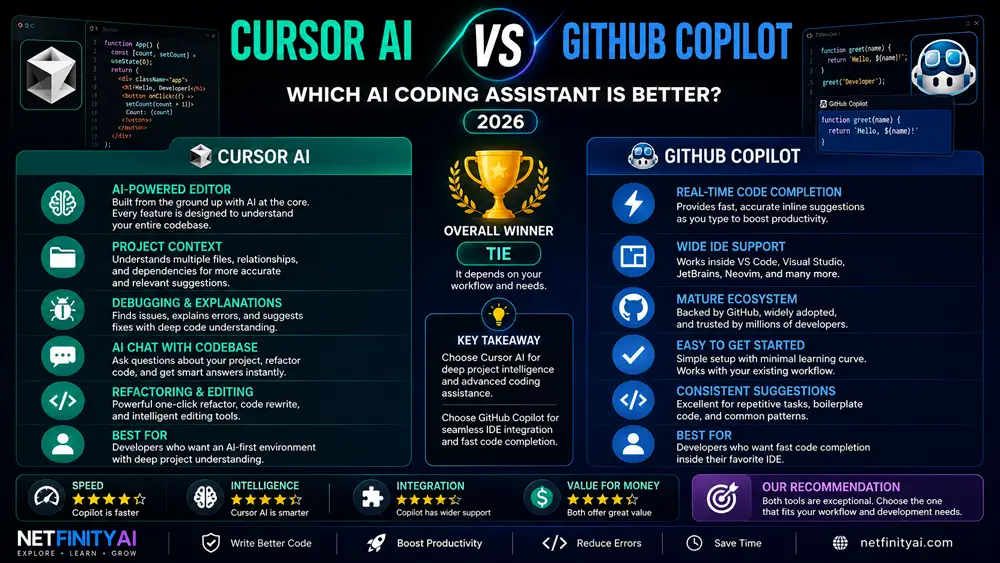 Comparison infographic showing whether Cursor AI or GitHub Copilot is the better AI coding assistant based on coding accuracy, debugging, IDE support, and productivity.