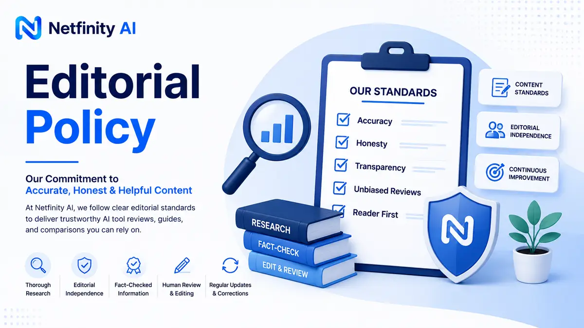 Editorial Policy illustration representing content standards, fact-checking, editorial independence, and trustworthy AI tool reviews at Netfinity AI.
