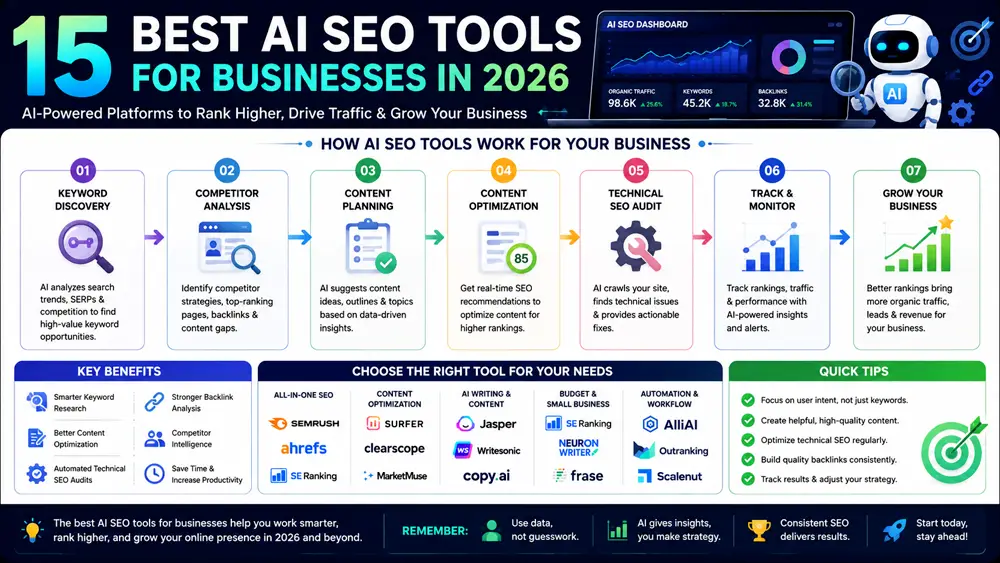 Free vs paid AI SEO tools infographic comparing features, pricing, automation, keyword research, content optimization, and business use cases in 2026.