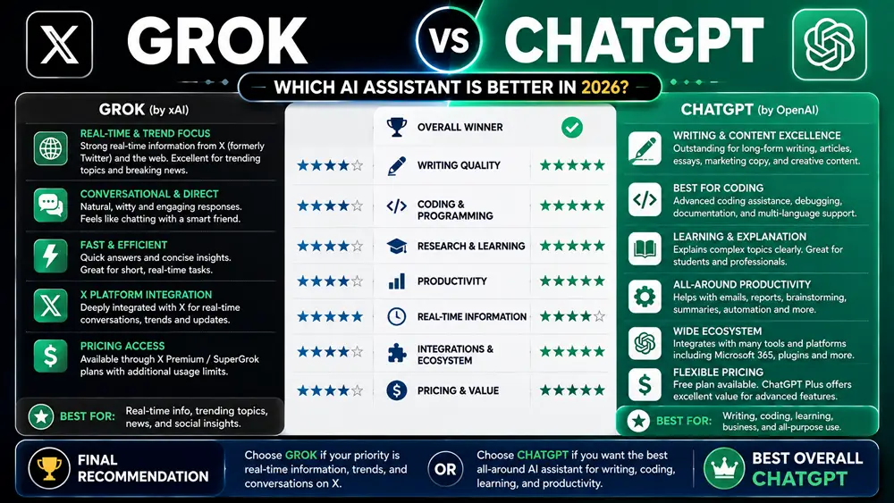Grok vs ChatGPT which AI is better infographic