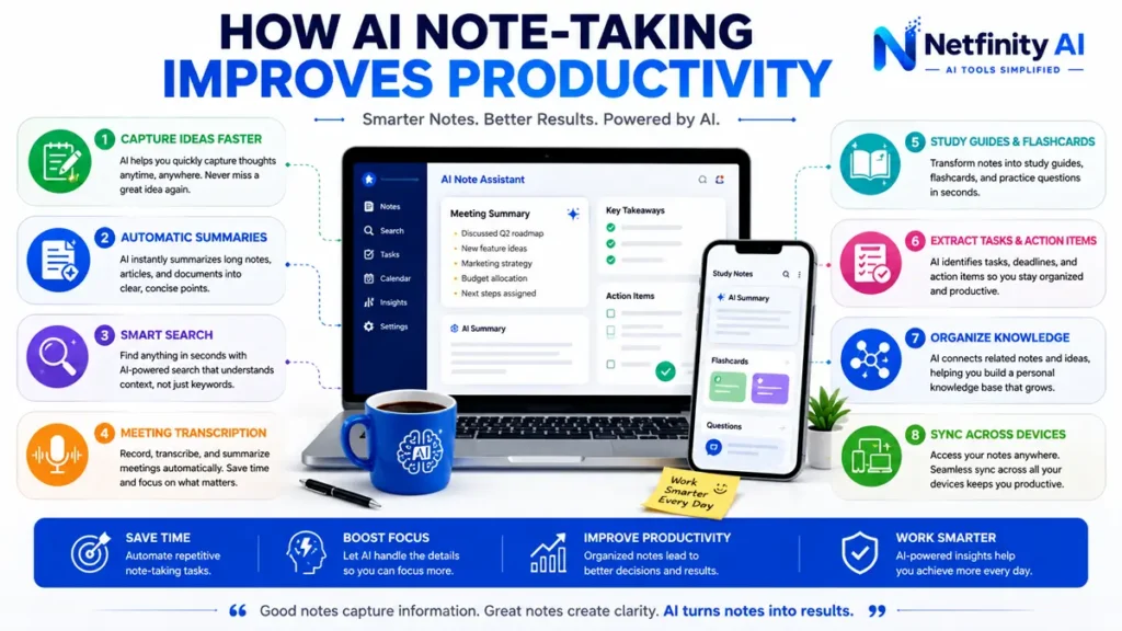 Infographic showing how AI note-taking apps improve productivity through automatic summaries, smart search, meeting transcription, study guides, and knowledge organization.