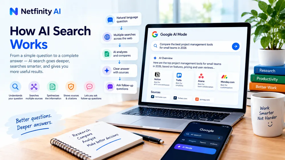 How AI search works by understanding questions, searching multiple sources, analyzing information, and providing cited answers