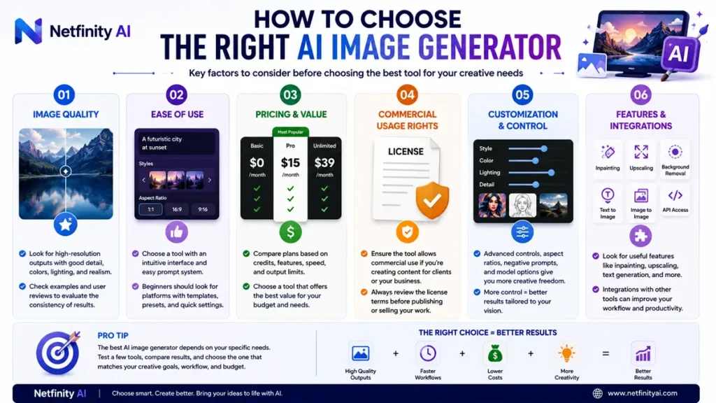 Infographic explaining how to choose the right AI image generator based on image quality, ease of use, pricing, commercial licensing, customization, and creative features.