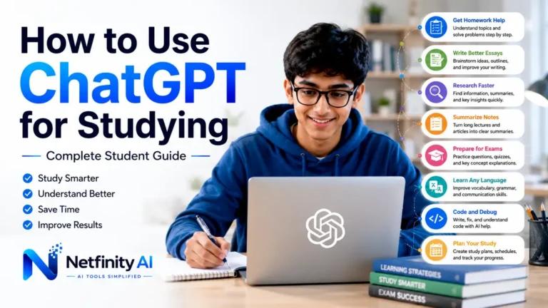 Student using ChatGPT on a laptop to study smarter, improve learning, prepare for exams, write essays, and boost productivity with AI.
