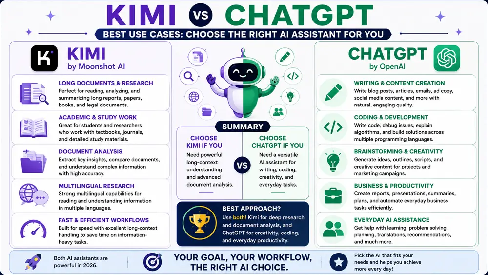Kimi vs ChatGPT best use cases infographic