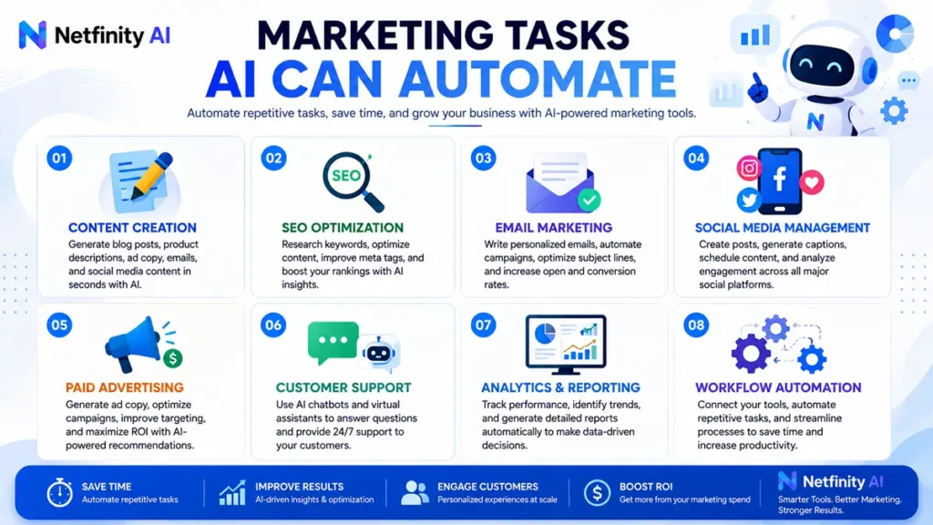 Infographic showing marketing tasks AI can automate, including content creation, SEO optimization, email marketing, social media management, paid advertising, customer support, analytics and reporting, and workflow automation.