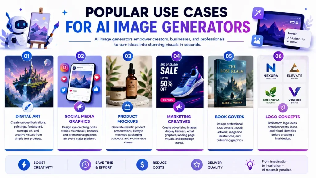 Infographic showing the most popular use cases for AI image generators, including digital art, social media graphics, product mockups, marketing creatives, book covers, and logo concepts.
