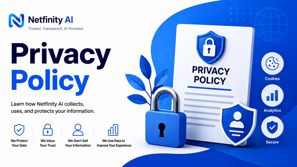 Privacy Policy page illustration showing data protection, privacy, cookies, and website security at Netfinity AI.