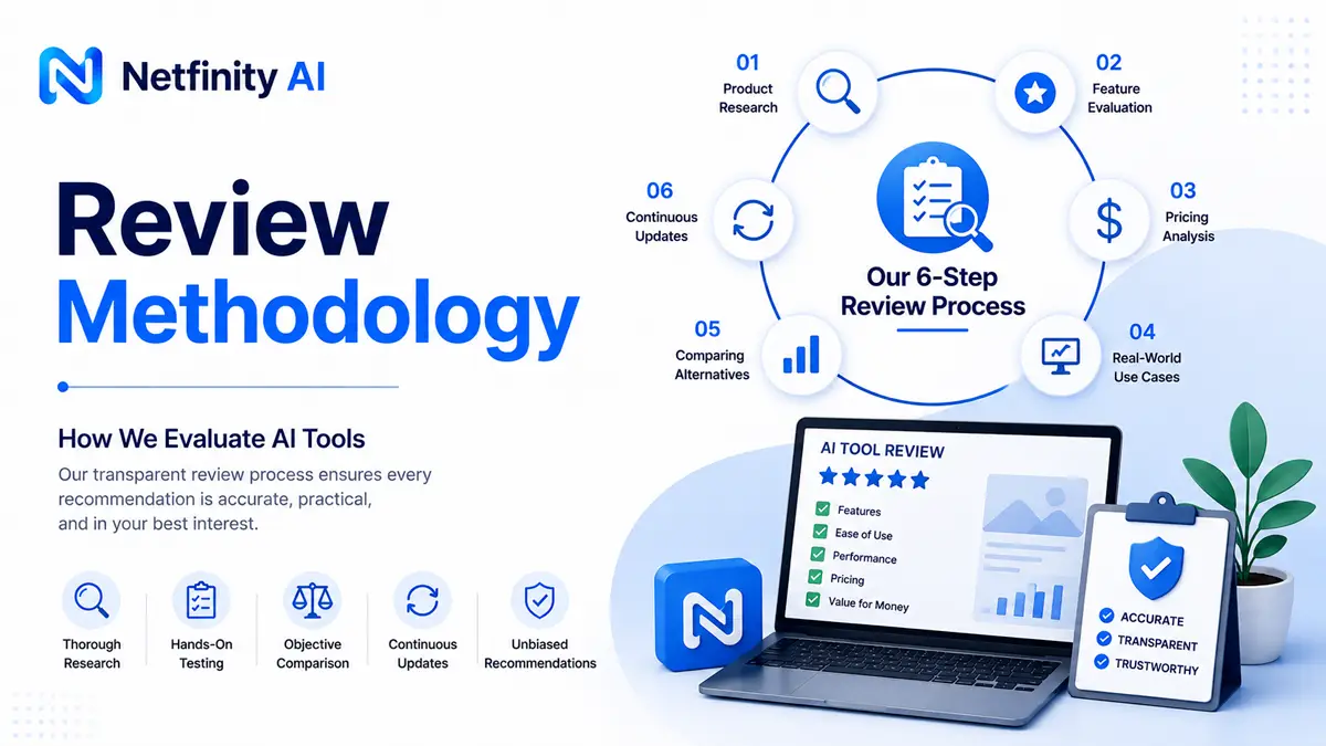 Illustration showing Netfinity AI's review methodology for evaluating AI tools through research, testing, feature analysis, pricing comparison, and unbiased recommendations.