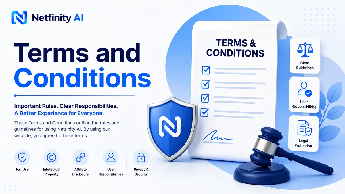 Illustration representing the Terms and Conditions of Netfinity AI, including website usage rules, user responsibilities, intellectual property, and legal policies.