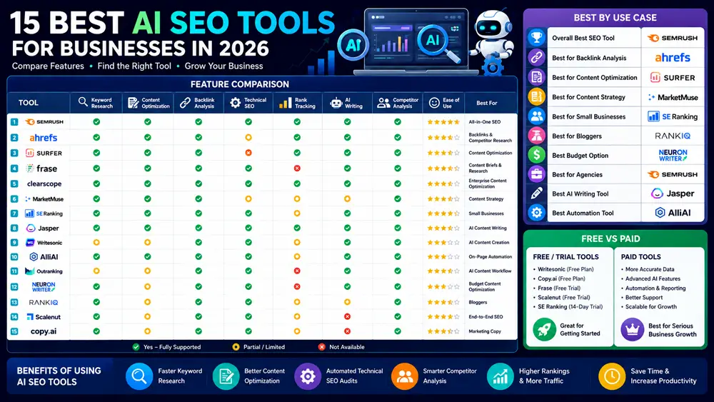 Comparison infographic of the top 15 AI SEO tools for businesses in 2026, including Semrush, Ahrefs, Surfer SEO, Jasper, Frase, Clearscope, SE Ranking, and more.