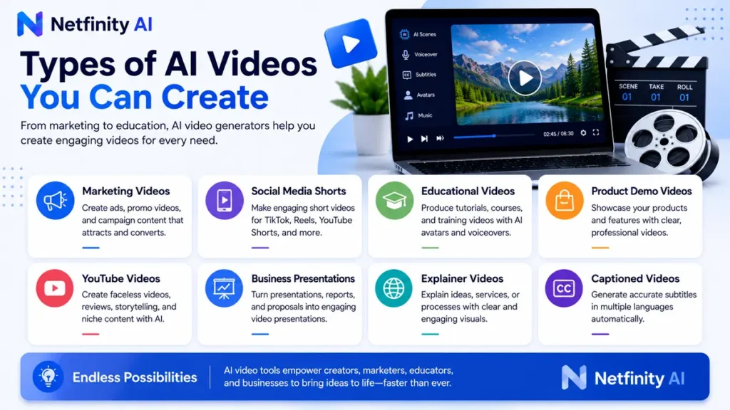 Infographic showing the different types of AI videos you can create, including marketing videos, social media shorts, educational videos, product demo videos, YouTube videos, business presentations, explainer videos, and captioned videos.